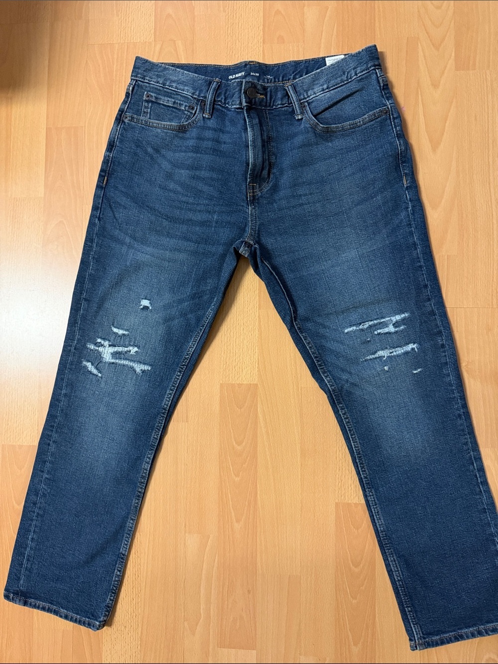 Men's Old Navy Dark Blue Slim Straight Jeans with Distressed Knees - size 34x30
